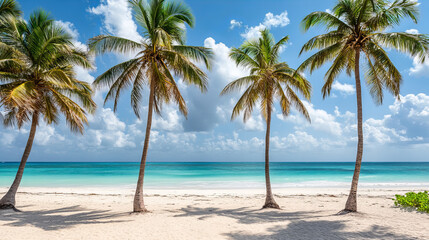 Obraz premium Tropical beach with turquoise ocean, white sand, and lush palm trees under a clear blue sky, perfect for travel, vacation, relaxation, tourism, summer holidays, and tropical getaway themes