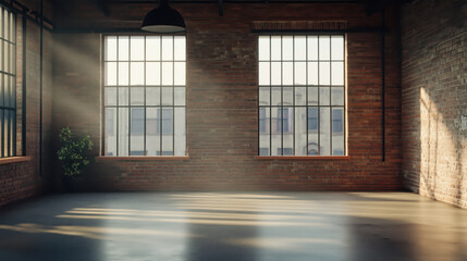 Spacious Industrial Loft with Rustic Brick Walls and Large Windows &ndash; Minimalist Open Space with Modern Design, Soft Natural Light, and Room for Text Placement