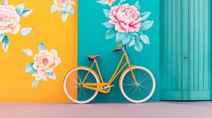 Fototapeta premium Yellow bicycle leaning against a teal and yellow wall with floral designs.