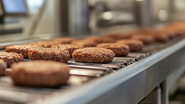 Plant based burger patties moving along a production line in a food processing facility. The focus is on the industrial process of creating meat alternatives for sustainable consumption