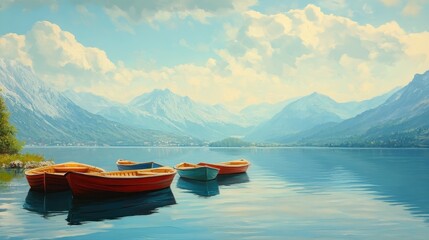 Idyllic mountain lake with boats under blue sky and fluffy clouds