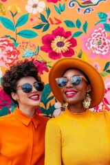 Obraz premium Two women, one with curly hair and the other in a hat, smile brightly against a vibrant floral backdrop.
