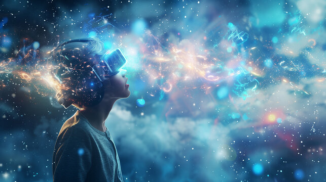 A man in 3d glasses, around his imaginations and dreams - an endless cosmos with stars