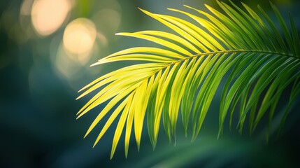 Obraz premium Lush green palm leaf with sunlit bokeh in tropical setting