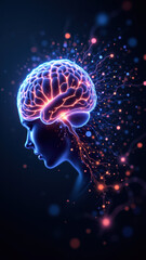 Fototapeta premium A visual metaphor for artificial general intelligence, featuring a human brain with flowing digital elements emerging from its surface, set against a cosmic backdrop.