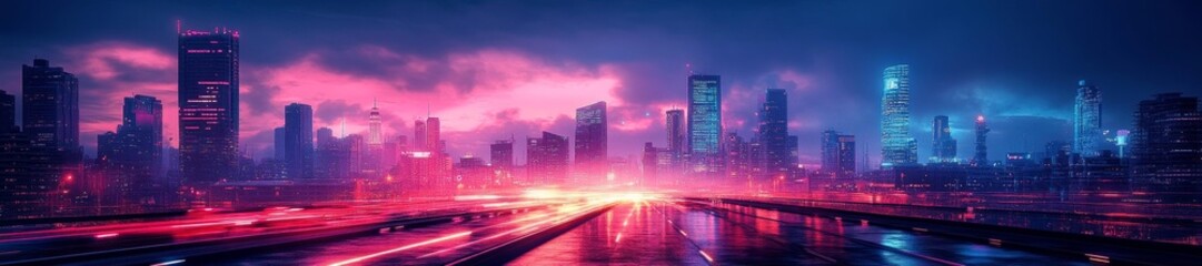 Obraz premium Futuristic cityscape with neon-lit highways and tall buildings glowing in the dark. Generative AI