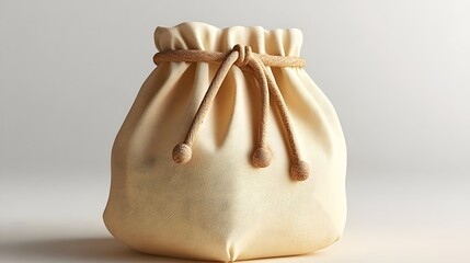 Soft beige drawstring bag with decorative knots, placed on a minimalistic background