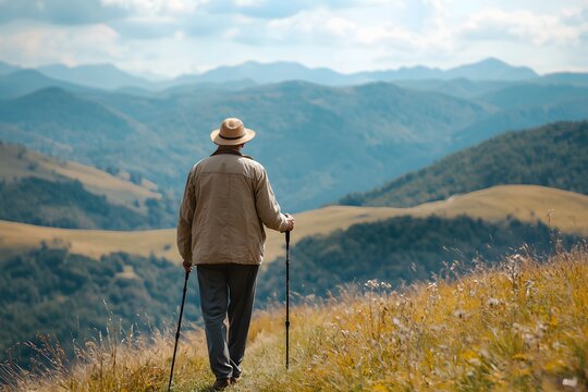 An elderly man with a hat uses a walking stick while exploring tranquil mountain scenery. Generative AI