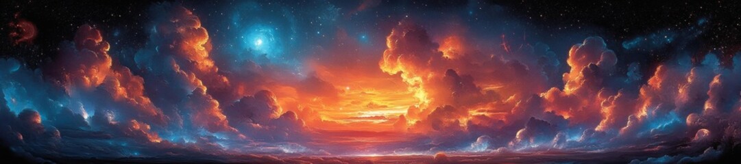 Fototapeta premium A glowing sky filled with swirling clouds and vibrant cosmic colors. Generative AI