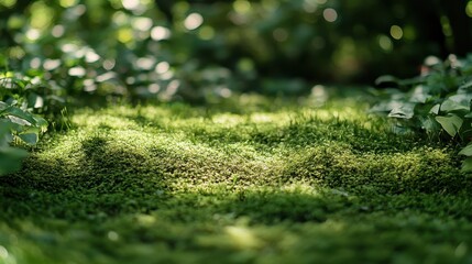 Naklejka premium Lush green moss in sunlit forest underbrush