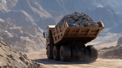 Massive Mining Dump Truck Transporting Heavy Rock Load in Open-Pit Mine – Rear View of Gigantic Industrial Haul Truck on Dusty Terrain