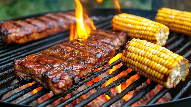 A fiery grill sears juicy steak, BBQ ribs coated in tangy sauce, and perfectly charred corn. Smoke swirls around, creating an authentic backyard barbecue moment.