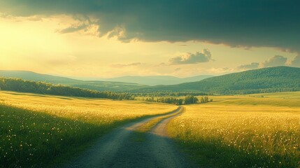 Fototapeta premium Sunset road through summer field, mountains background