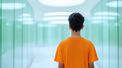 Fototapeta premium Boy Explores a Glass Labyrinth with Intriguing Turns and Corners, Creativity flows from a boys concept.