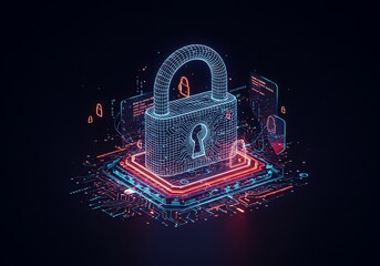 Padlock Securing Digital Data Network with Circuit Board Background