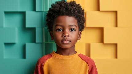 Fototapeta premium Young Boy Portrait with Colorful Backgrounds and Textured Walls, Creativity flows from a boys concept.
