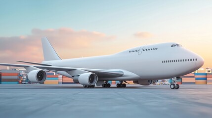 Obraz premium Realistic Large Cargo Plane in Industrial Setting at Sunset, Cargo shipping drives global trade concept.