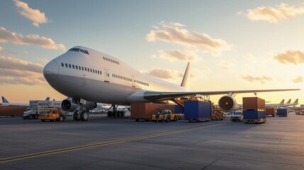 Realistic Airport Cargo Area with Airplane and Cargo Containers, Cargo shipping drives global trade concept.