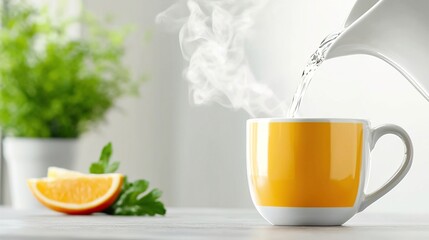 Fresh Morning Scene in Kitchen with Hot Drink and Bright Colors, Hot drink fills the cup concept.