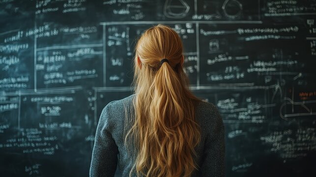 Female adult caucasian analyzing complex math formulas on chalkboard