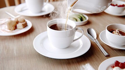 Fototapeta premium Elegant Dining Table Set with Cup and Delicious Food Items, Hot drink fills the cup concept.