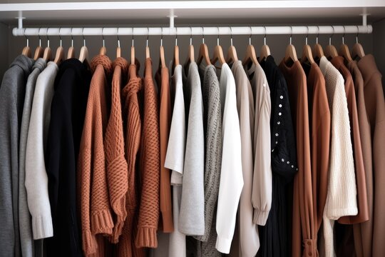 Wooden hangers with clothes on the rail in the store with clothing for sale. Flea market, second hand, discount, exchange, donation