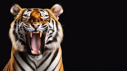 Fototapeta premium Majestic Bengal tiger portrait with intense gaze, sharp details, and distinctive striped fur against a dark background, ideal for wildlife conservation and nature-focused designs.