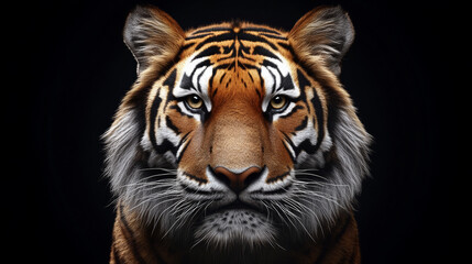Fototapeta premium Majestic Bengal tiger portrait with intense gaze, sharp details, and distinctive striped fur against a dark background, ideal for wildlife conservation and nature-focused designs.