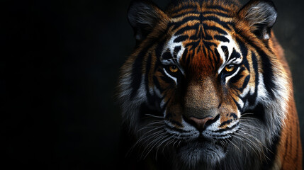 Fototapeta premium Majestic Bengal tiger portrait with intense gaze, sharp details, and distinctive striped fur against a dark background, ideal for wildlife conservation and nature-focused designs.
