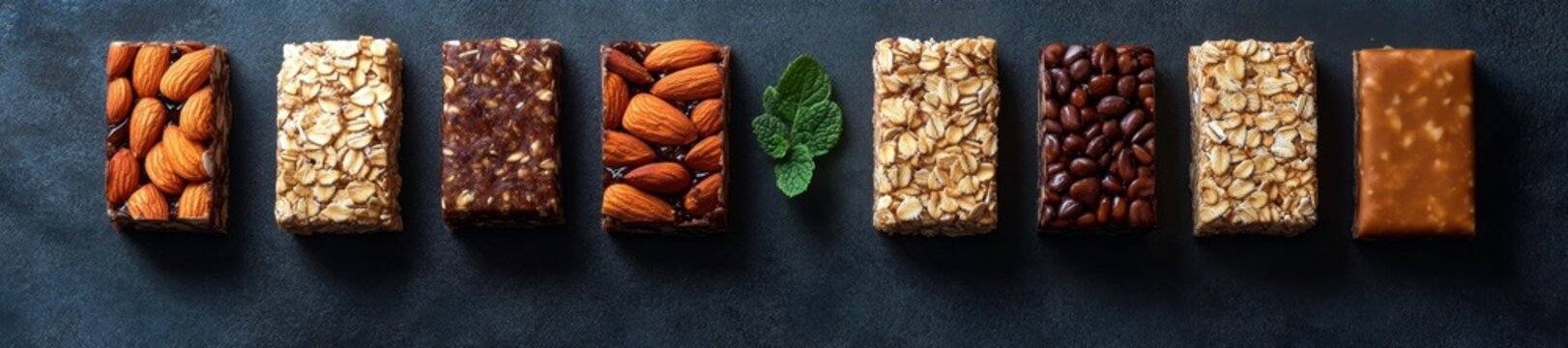 A Clean and Simple Flat-Lay of Different Protein Bars with Almonds and Healthy Ingredients. Generative AI