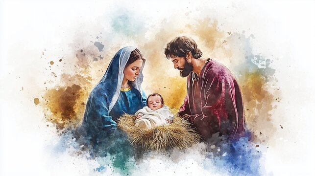 Watercolor painting of the nativity scene. A watercolor illustration of the nativity scene in the church. Family of baby jesus and mary in a manger. watercolor depiction lifestyle of the nativity.