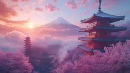 Fototapeta premium Tranquil sunrise over mount fuji with cherry blossoms and pagodas