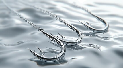 Three fishing hooks float on rippling water, baitless