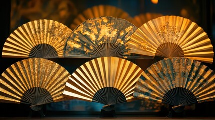 Elegant display of asian decorative fans with intricate gold patterns