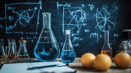 Laboratory glassware and chemical reactions against chalkboard with equations