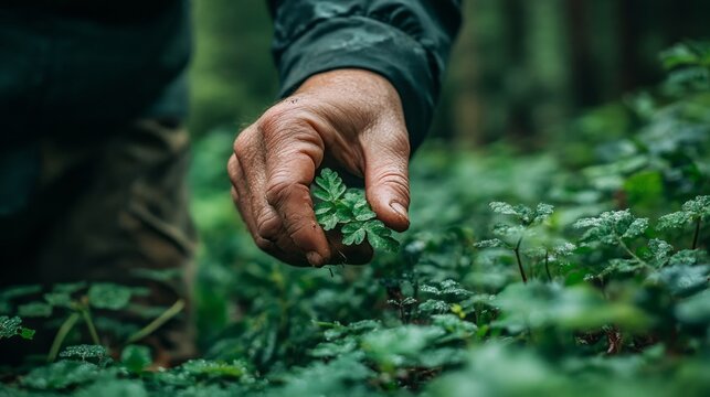 A hand of a survivalist gently holds a vibrant wild edible plant, illustrating a deep understanding of wilderness foraging. The scene captures the lush green surroundings of the forest - Powered by Adobe