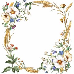 Watercolor floral frame with wildflowers and wheat ears on white background, certificate design, cotton flowers and ears of wheat intertwine along the contour