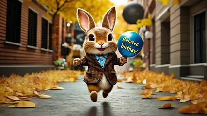 Funny rabbit with balloon and belated birthday wishes, animated greeting card,late birthday wishes