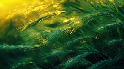 Obraz premium Golden sunlight illuminating lush green wheat field at dusk