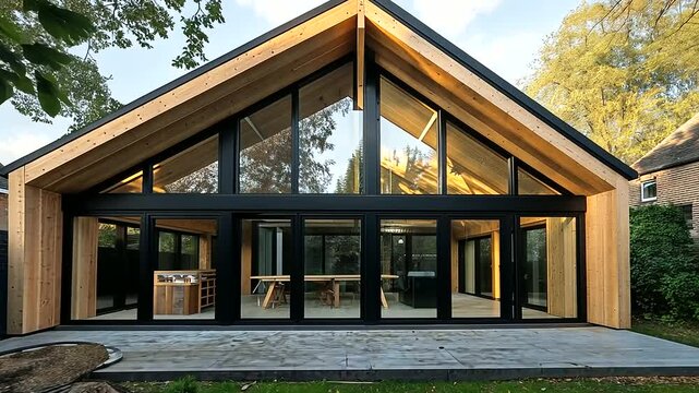 A contemporary house with a newly constructed wooden extension in progress. The open framework, featuring sturdy wooden beams and large glass openings, highlights eco-conscious bui