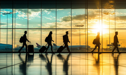 A group of people walks through an airport with luggage