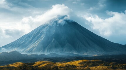 Fototapeta premium Majestic volcano with cloud-covered peak and lush greenery underneath