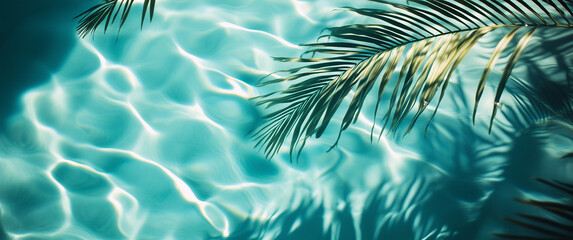 A tall palm tree is casting a long shadow on the calm water of a swimming pool