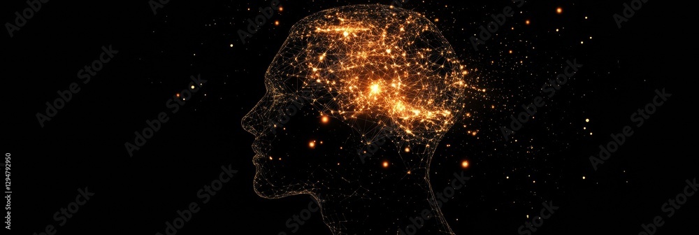 Poster interconnected ai nodes illuminate a human head silhouette against a cosmic cyberpunk background. ge