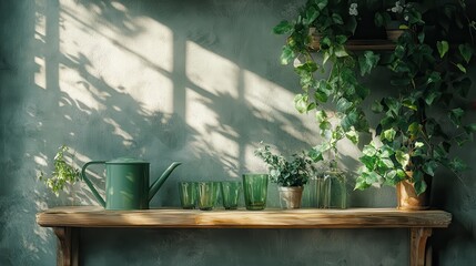 Sunlit rustic shelf with green watering can and glasses amidst lush indoor plants