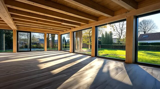 A modern wooden extension in mid-construction, showcasing a strong framework of wooden beams. The structure allows for future large windows and a terrace, embracing sustainable bui