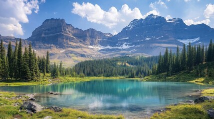 Fototapeta premium Serene Mountain Lake Landscape with Clear Blue Water and Coniferous Trees