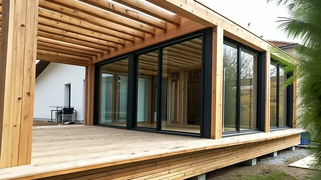 A modern wooden extension in mid-construction, showcasing a strong framework of wooden beams. The structure allows for future large windows and a terrace, embracing sustainable bui