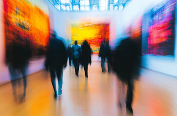 An outoffocus image capturing people walking in a museum