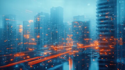Futuristic urban landscape with neon lights and skyscrapers in misty atmosphere